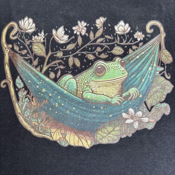 Gildan Black SS T-shirt Frog in Hammock Flowers Nature Leaves Size M - Picture 2 of 6